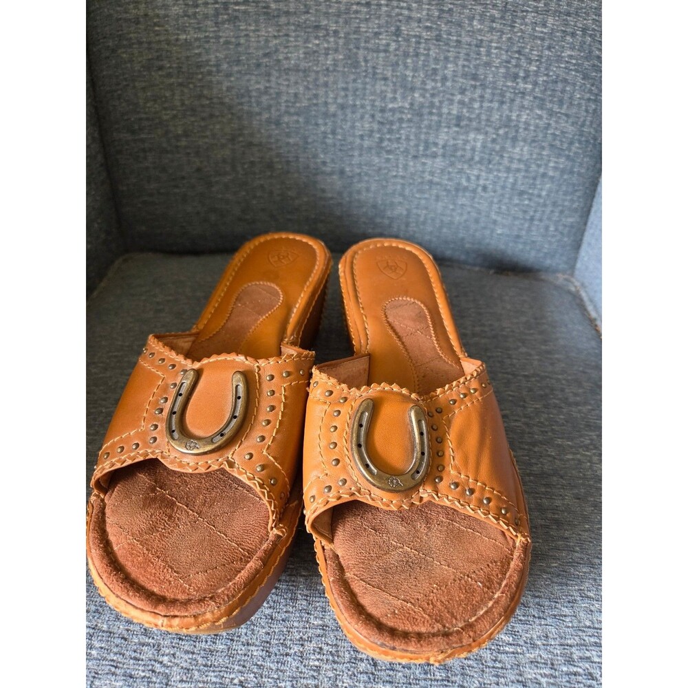 Ariat Women's Brown Leather Horseshoe Wedge Sandals w/ Stud Edging Size 9 - Picture 4 of 11